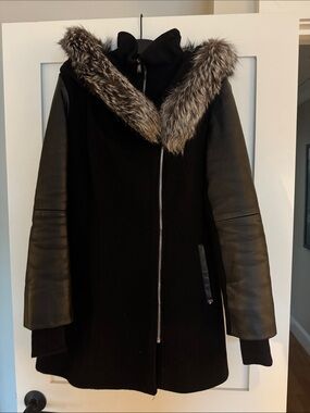 Black Wool Blend Pea Coat with Faux Fur Trim and Leather Sleeves